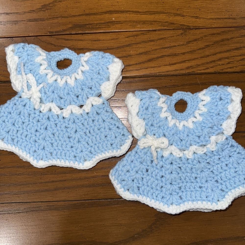 Handmade Crocheted Blue White Pot Holders Vintage Set Of Two Dresses